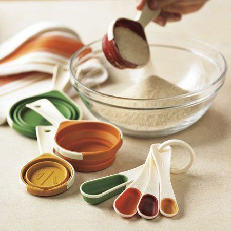 Collapsible measuring spoons and cups, really help you sort your dry ingredients before they go into the mixing bowl. Store these measuring cups and spoons away easily, when you finish cooking.