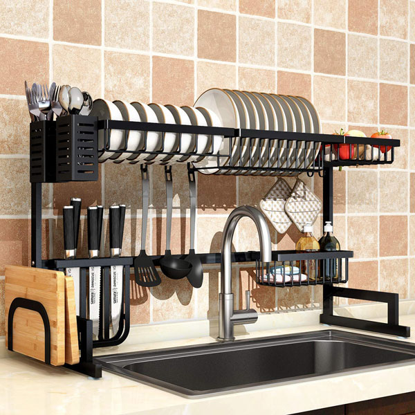 A hanging dish rack is a great space-saving essential in a tiny house kitchen.