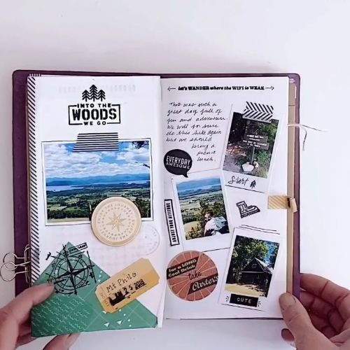 taping photos into bullet journal with washi tape