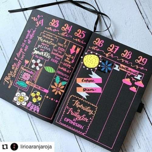 black page bullet journal page ideas for weekly spread