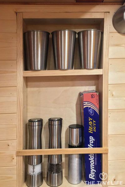 kitchen essentials storage area in tiny house kitchen