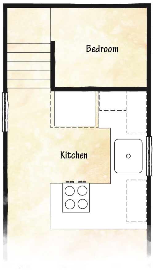 This L-shaped tiny house kitchen floorplan is relatively standard, but has some excellent features and counter space, with the option of a full-sized fridge. 