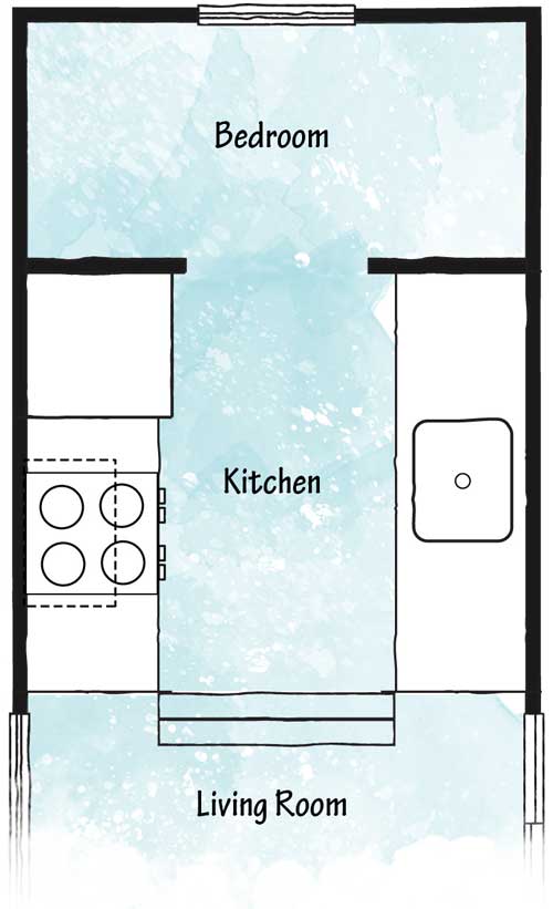 This simple floor plan has a walk-through kitchen, or galley-kitchen, leading to the bedroom. A raised platform offers extra storage.