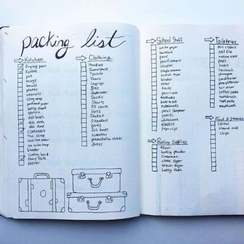 simple black and white packing list for a bullet journal