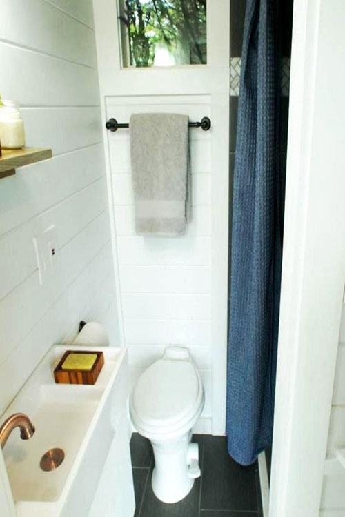 small bathroom layout in an off grid tiny house