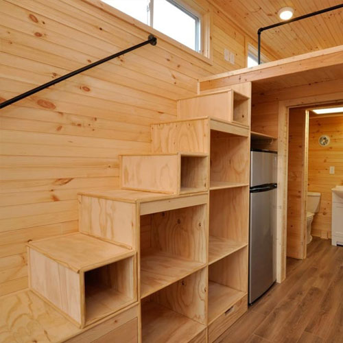 Add kitchen storage under tiny house stairs