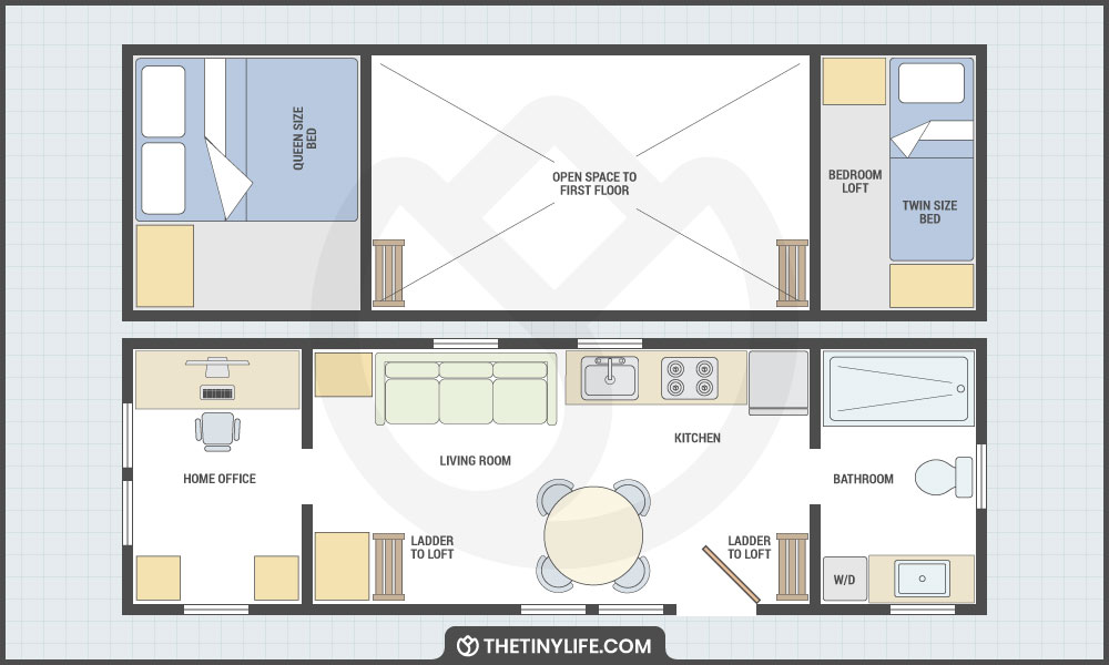 two bedroom and office floorplan for tiny home