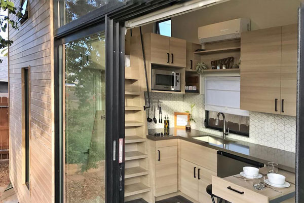frenc h doors on tiny home kitchen