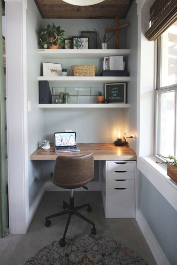 tiny house office in a closet nook