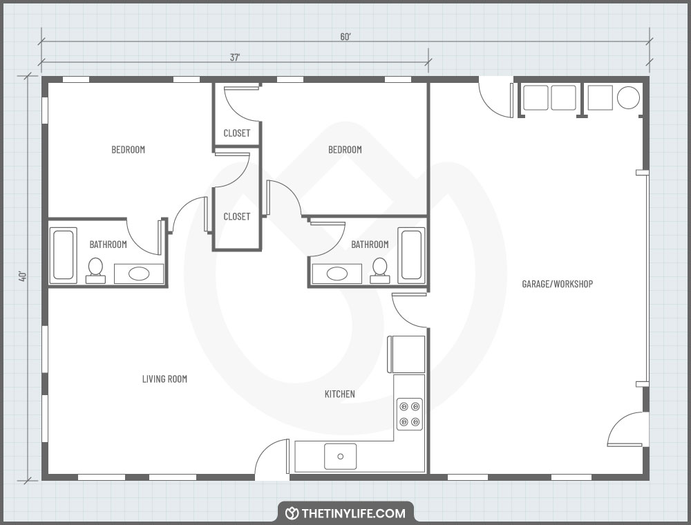 2 bedroom barndominium floorplan with garage