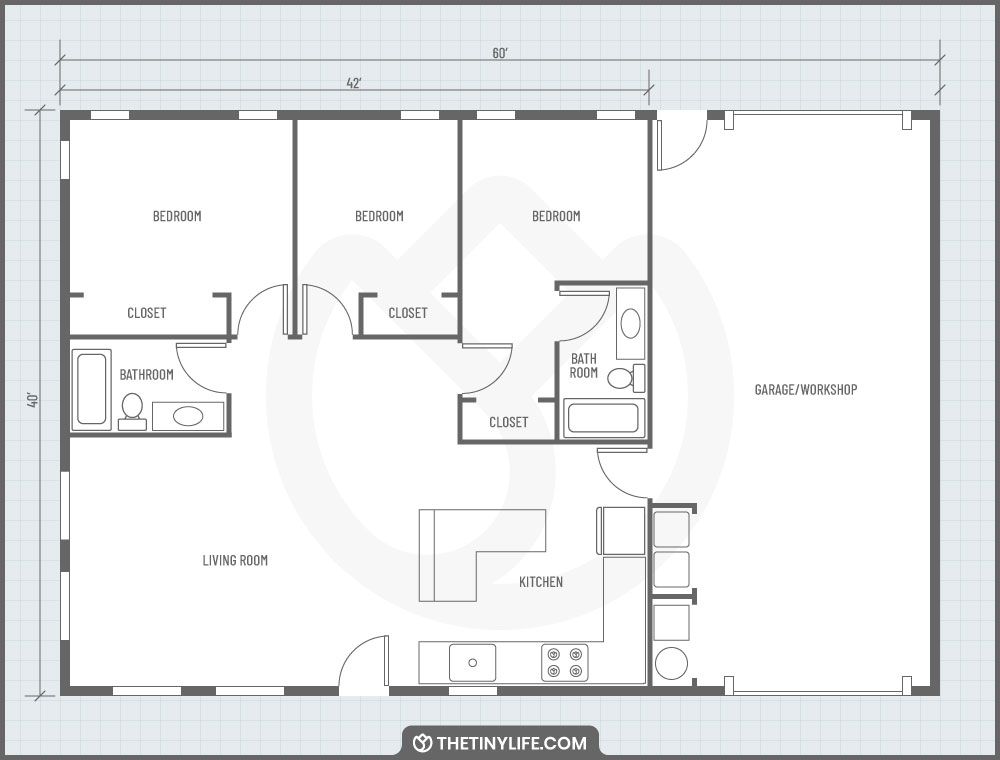 3 bedroom barndominium floorplan with workshop and garage space