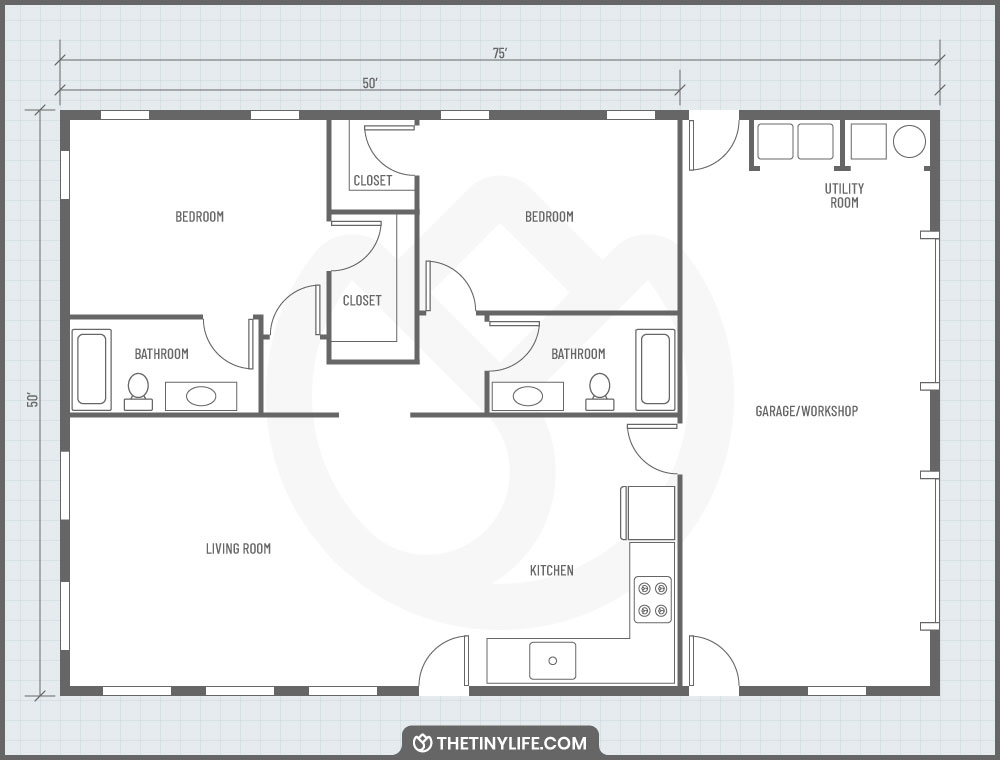 barndominium floorplan with 2 bedrooms