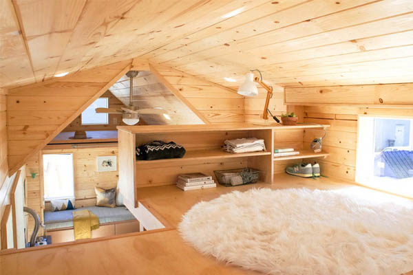 shelving in loft of a tiny house