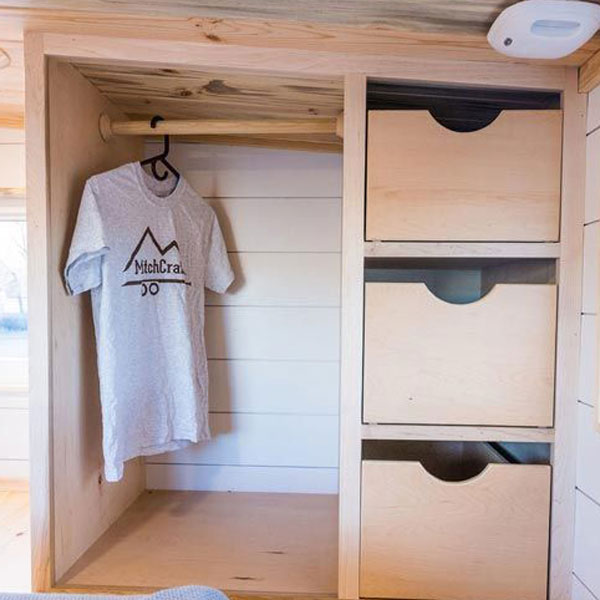 tiny house hanging storage closet with drawers