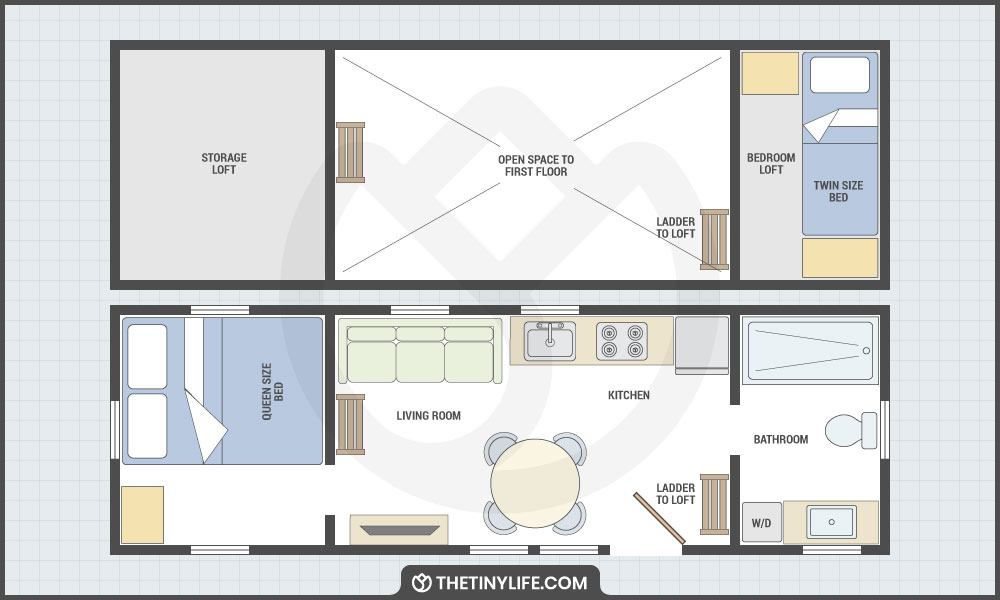 2 bedroom 2 story tiny house floorplan