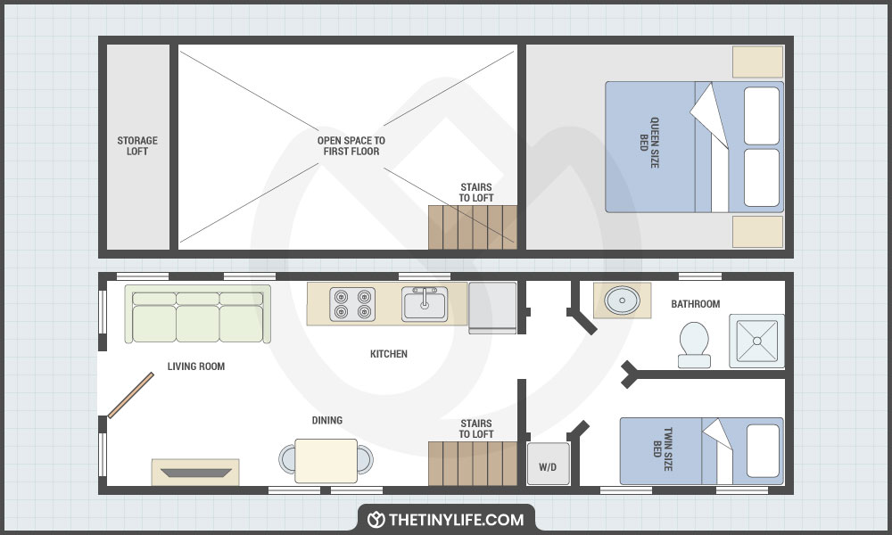 Two Bedroom Tiny Home Floorplan With Stairs To The Loft