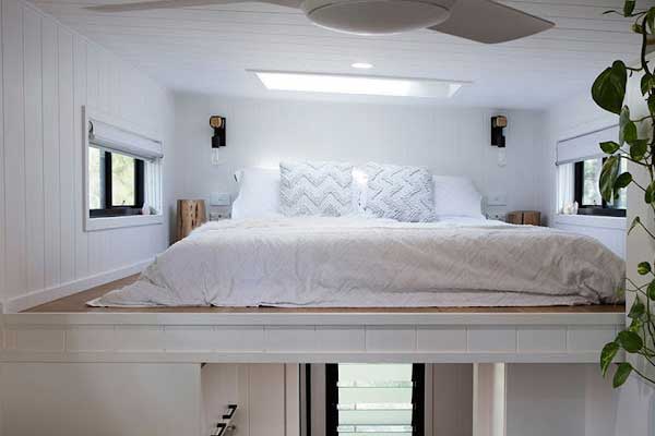 loft bedroom in tiny home