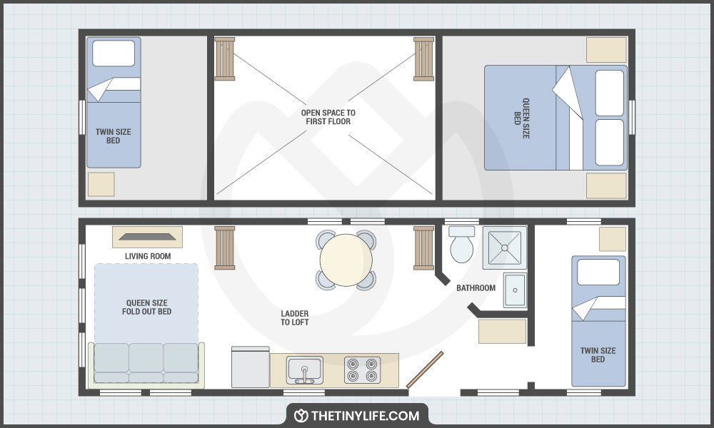 tiny house floorplan with queen bed and twin beds