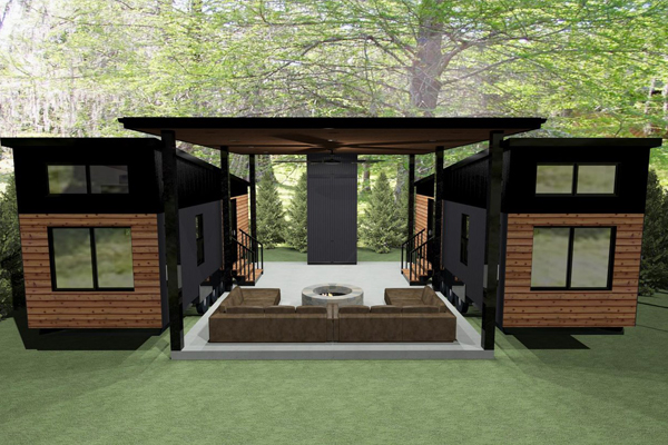 connected tiny houses with shared covered patio