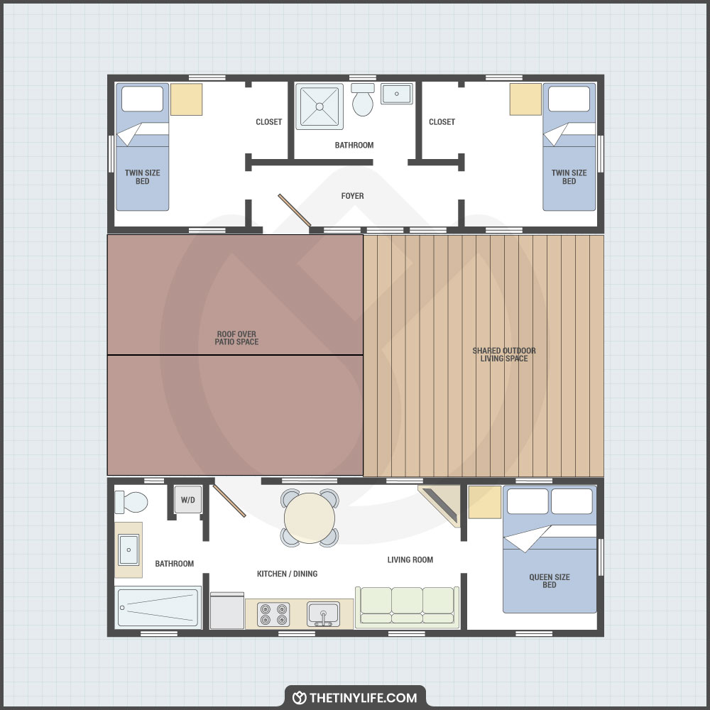 two tiny house layout with covered patio