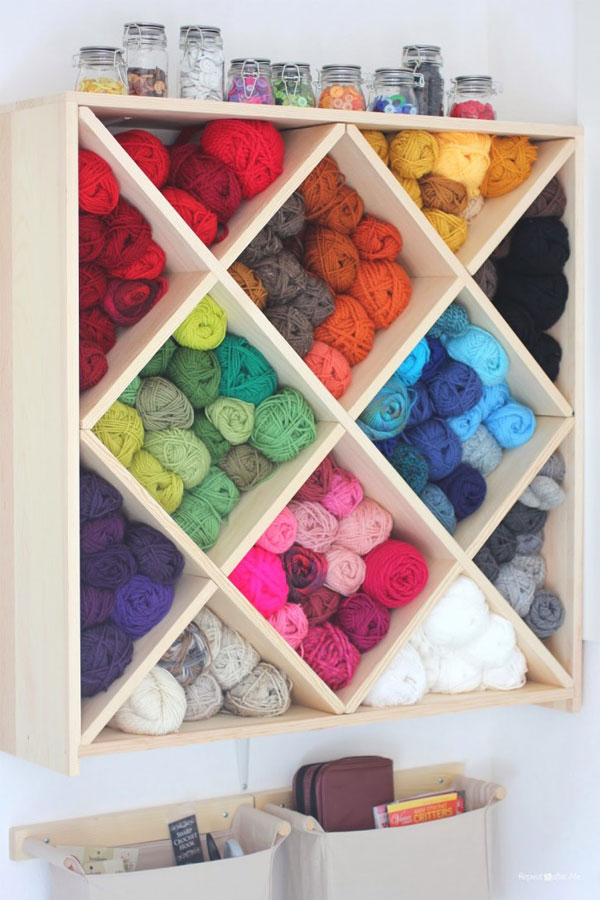 yarn organized in wall boxes
