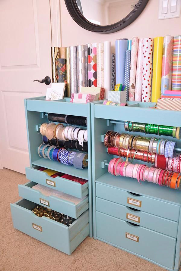 sort ribbons on poles and drawers