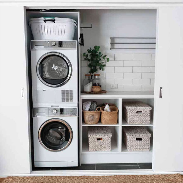 closet storage in a small laundry room