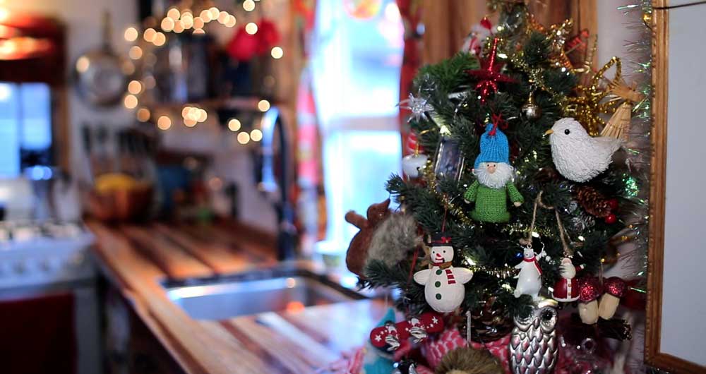 mini christmas tree in a tiny house