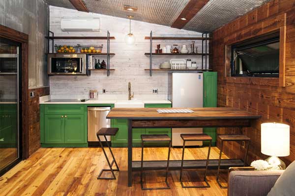 modern tiny house kitchen corrugated metal ceiling