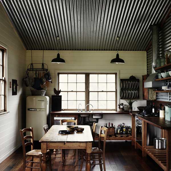 tiny house kitchen corrugated metal ceiling