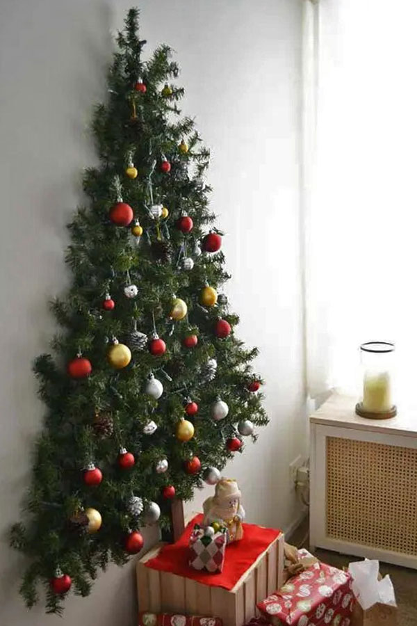 wall christmas tree in a tiny house