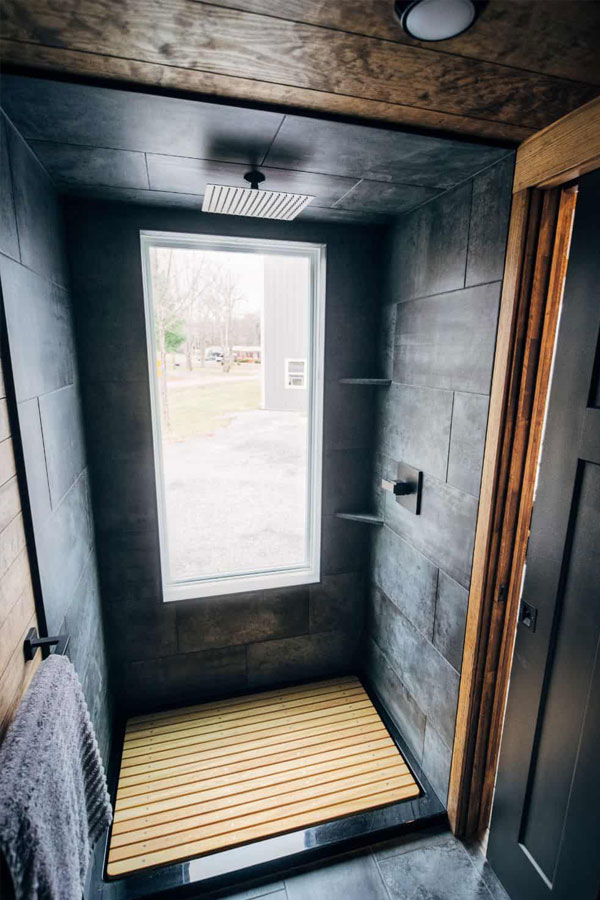 tile shower in tiny home
