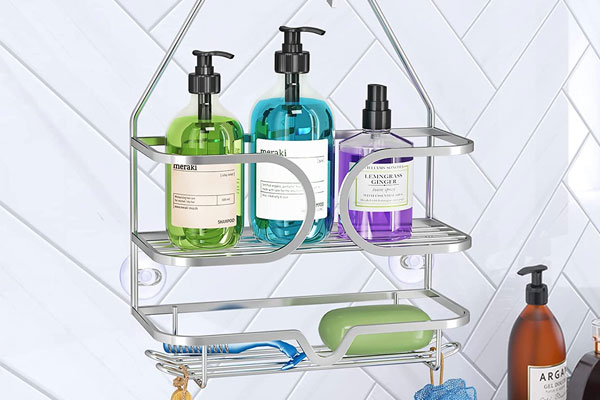 organize soap and shampoo with a shower caddy