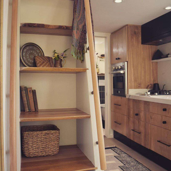 dual purpose shelves in a tiny house