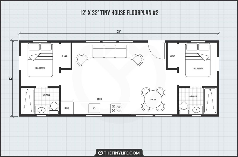 12x32 tiny house double master bedroom floorplan