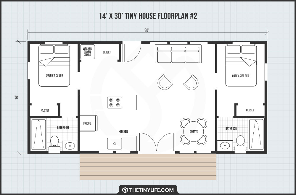 14x30 tiny house two master bedroom floorplan